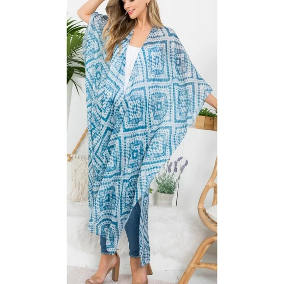 5⭐Long flowy boho diamond blue chiffon open front maxi kimono duster cardigan - Picture 3 of 4
